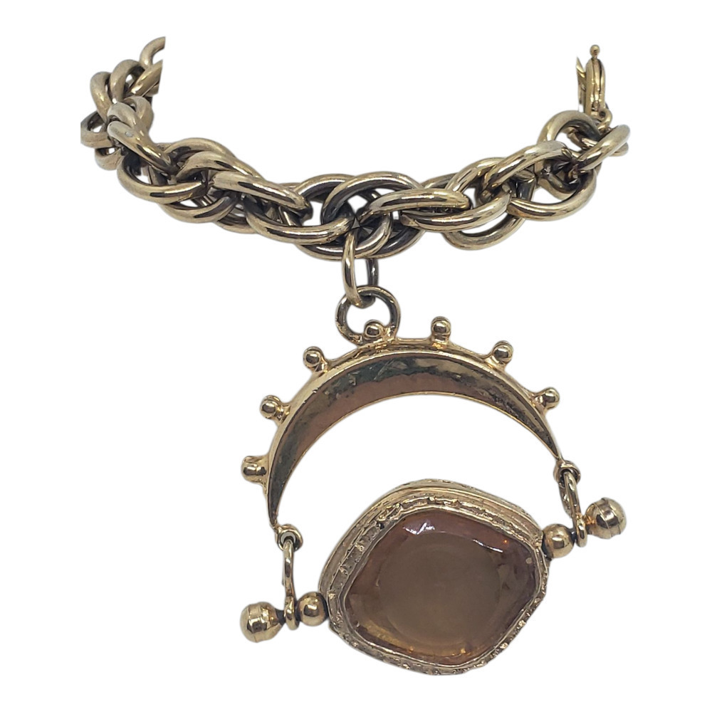 Vintage German Gold Chain Bracelet & Spinning Cameo Amber Glass Intaglio - Picture 2 of 10